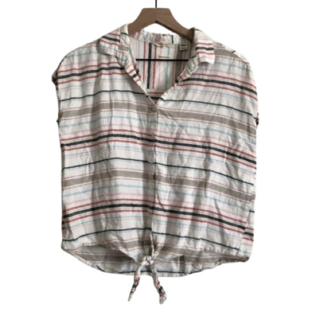 Weatherproof Vintage Washable Linen Sleeveless Stripe Button Up Shirt Top Medium